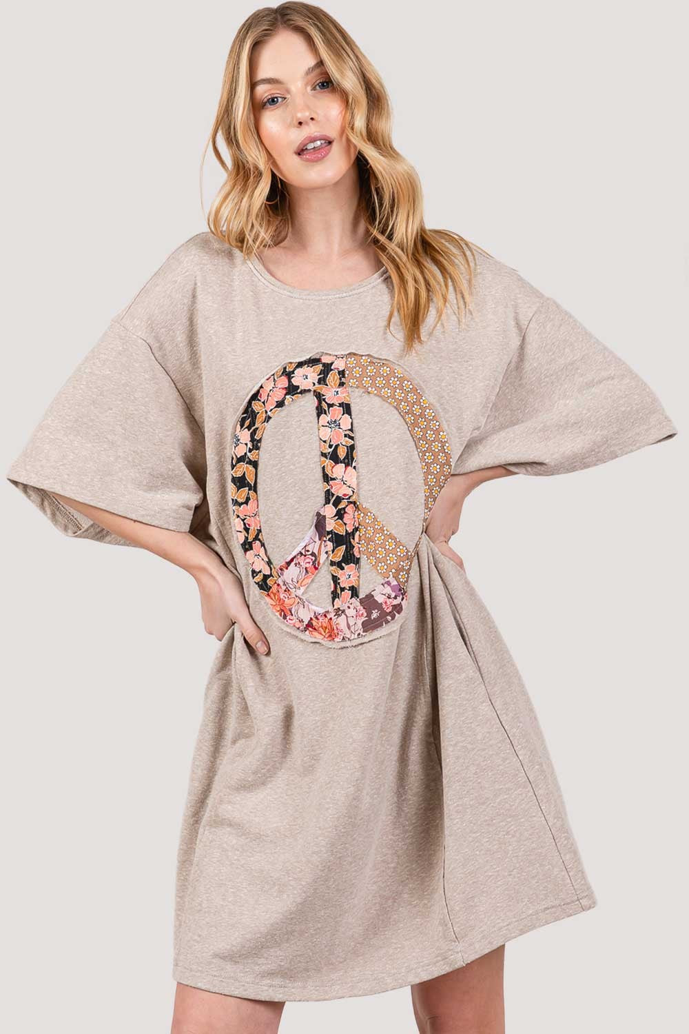 Peace Sign Applique Short Sleeve Tee Dress | Shirt Dress Women