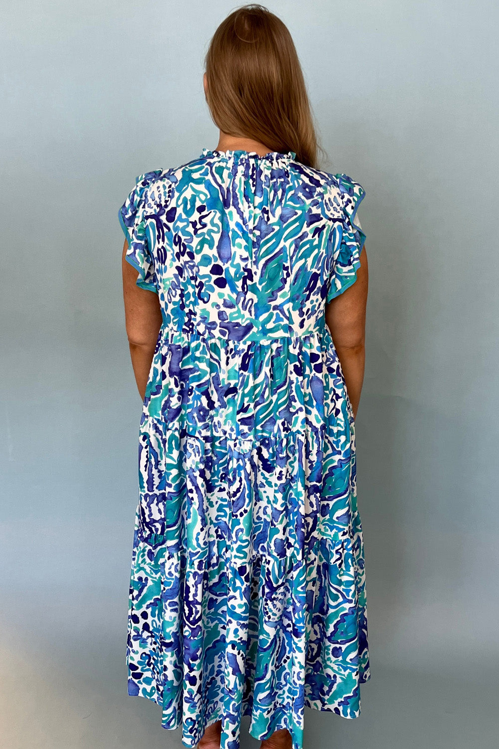 Sky Blue Plus Abstract Print Split Neck Ruffle Tiered Dress