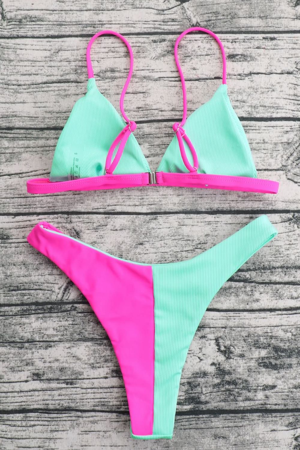 Pink and Green Ribbed Bikini Set