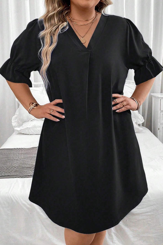 Black Ruffled Puff Sleeve V Neck Plus Size Mini Dress-ECB