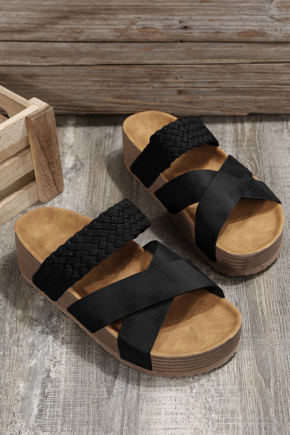Brown Braided Detail Criss Cross Platform Slides Shoes-ECB