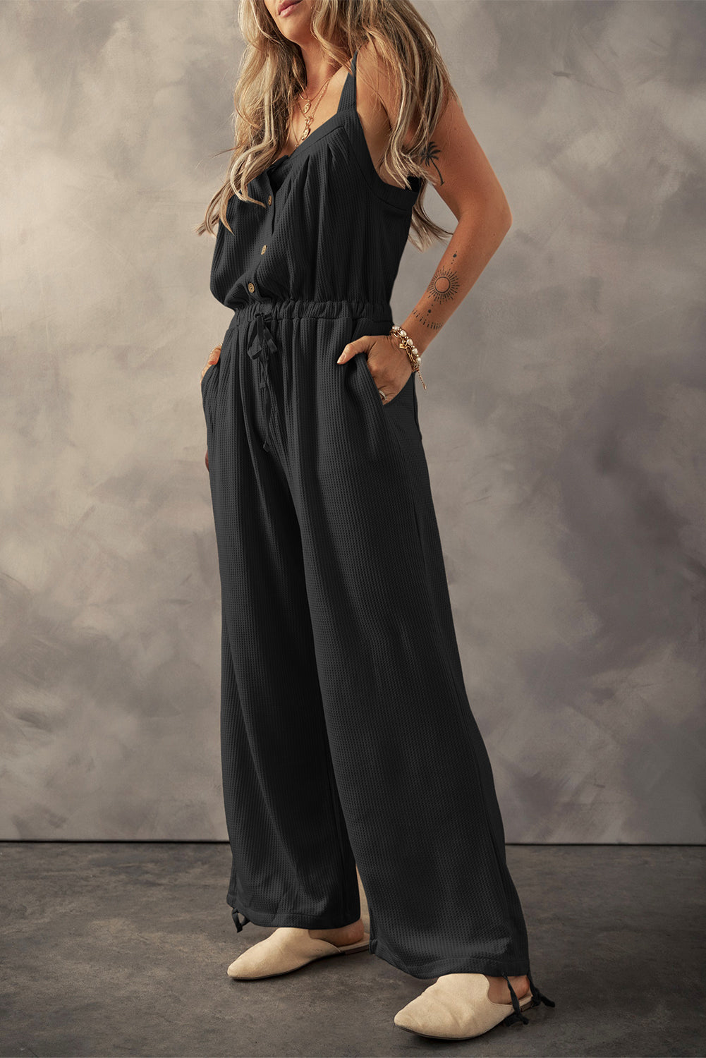 Black Knotted Straps Button Textured Drawstring Jumpsuit-ECB