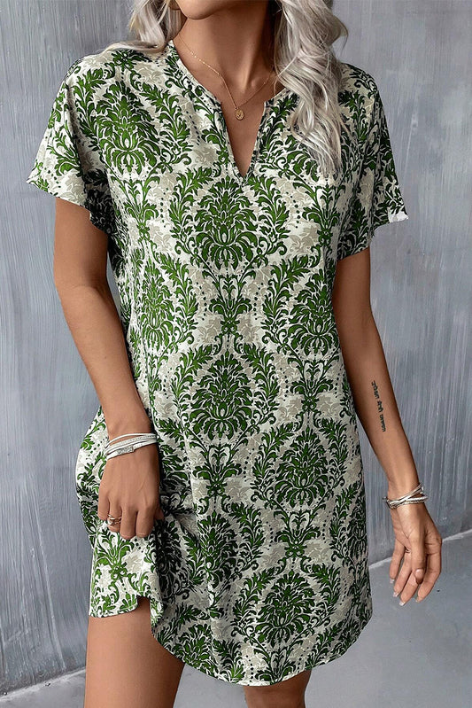 Green Floral Mini Dress with Short Sleeves