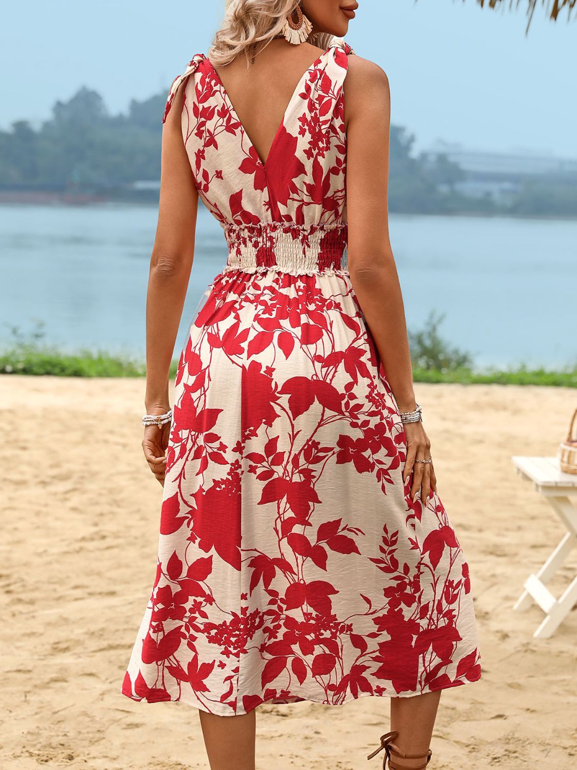 Floral Smocked Dress| White and Red Vacation Midi Dress
