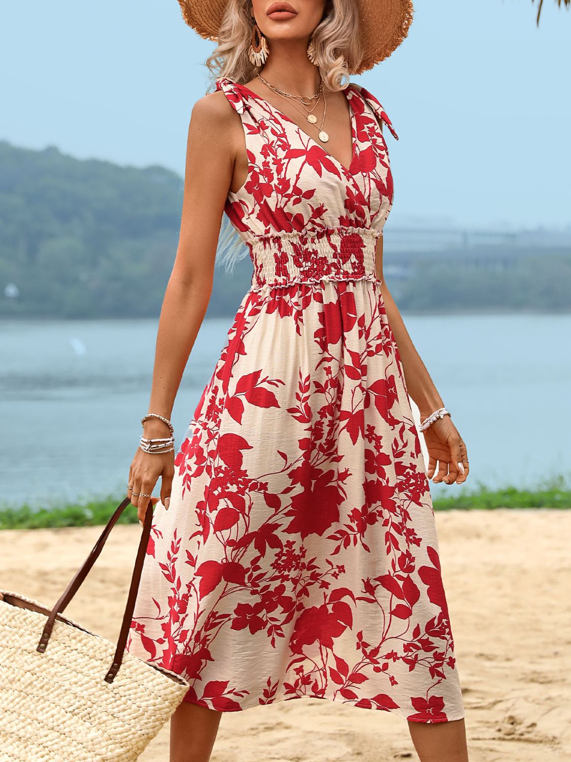 Floral Smocked Dress| White and Red Vacation Midi Dress