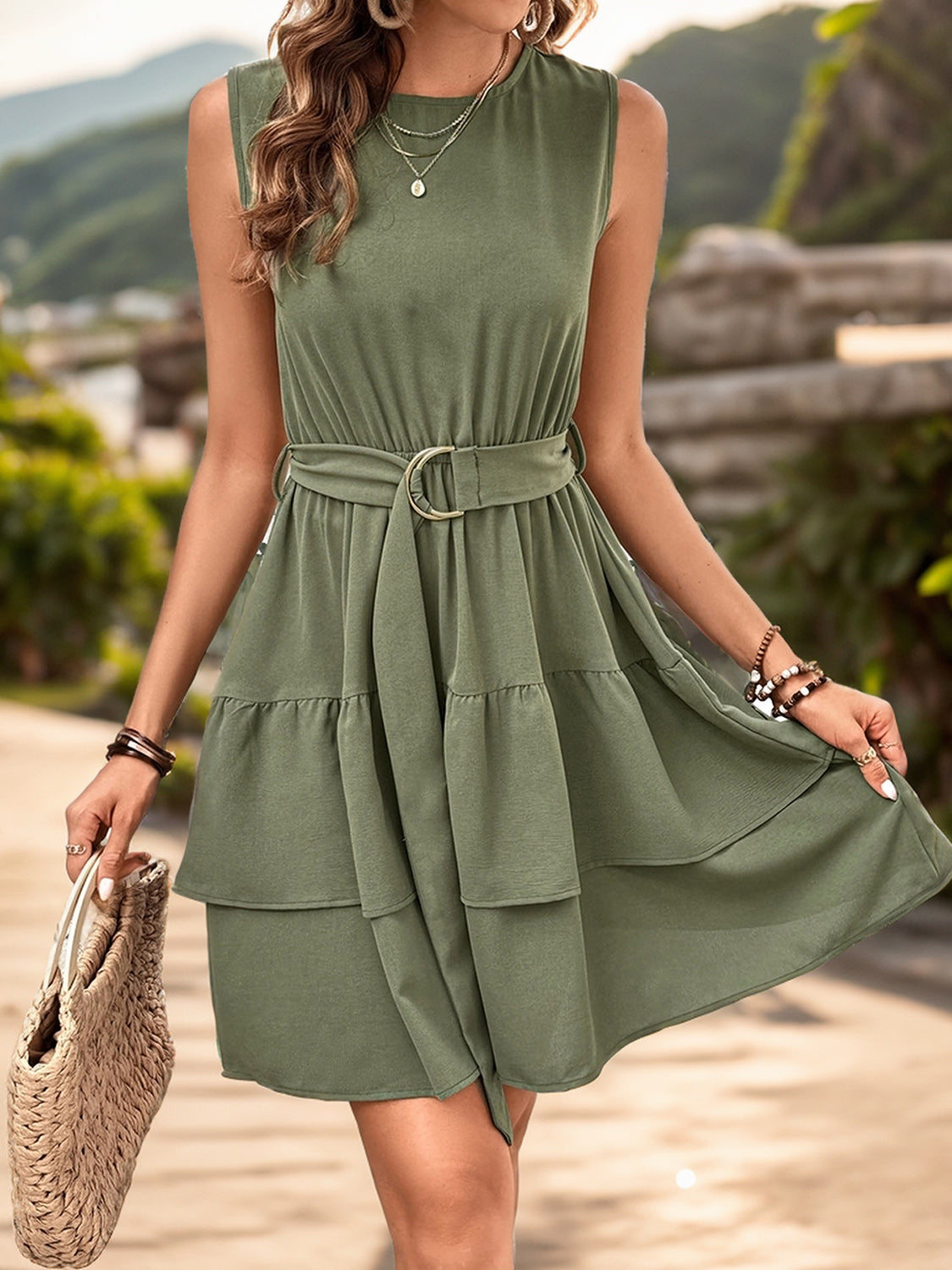 Tiered Dress Mini | Ruffled Tiered Mini Dress in Moss | Mini Dress with Tied Waist