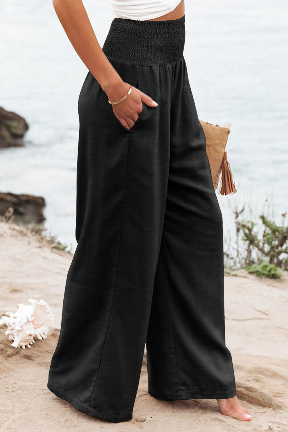Black Shirred High Waist Plus Size Wide Leg Pants-ECB