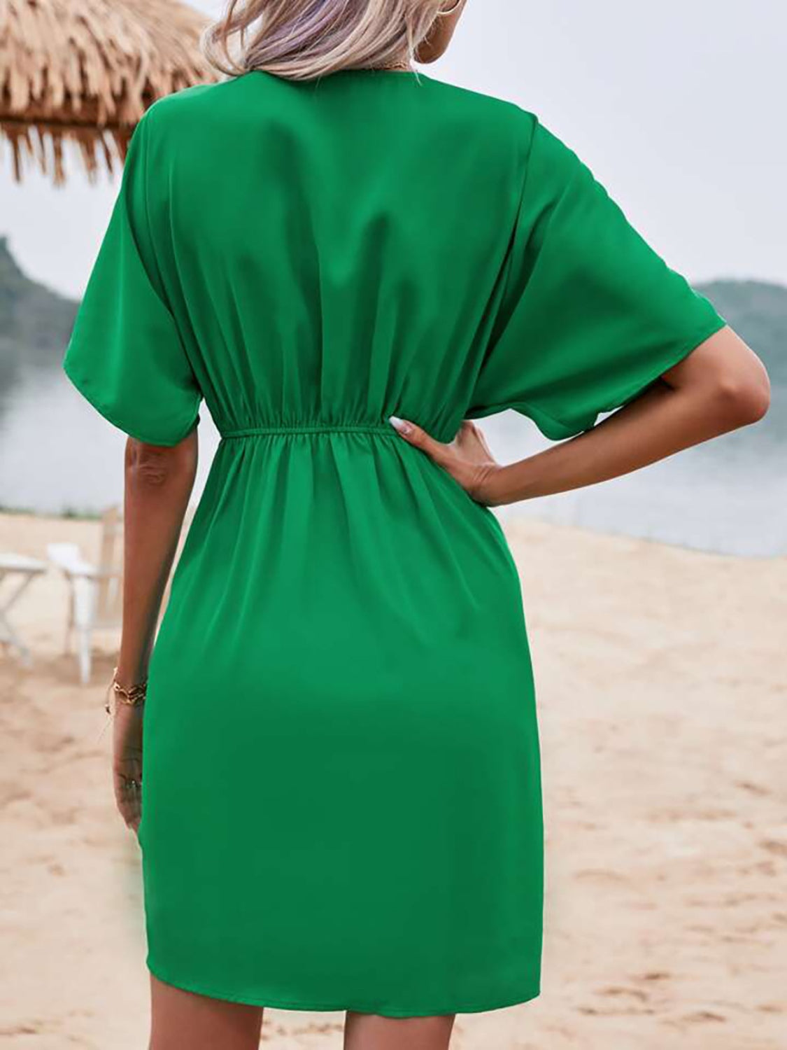 Plunge Neck Mini Dress | Plunging Neckline Short Dress with Sleeves.