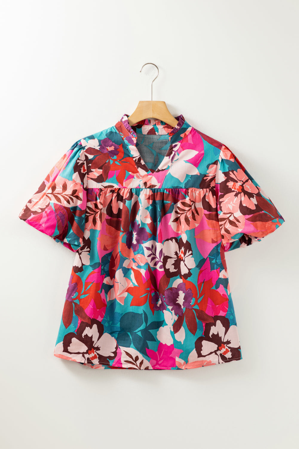 Rose Red Floral Print V Neck Blouse with Sleeves