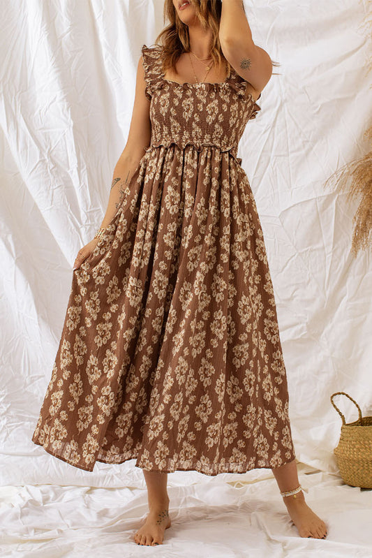 Brown Floral Smocked Midi Dress