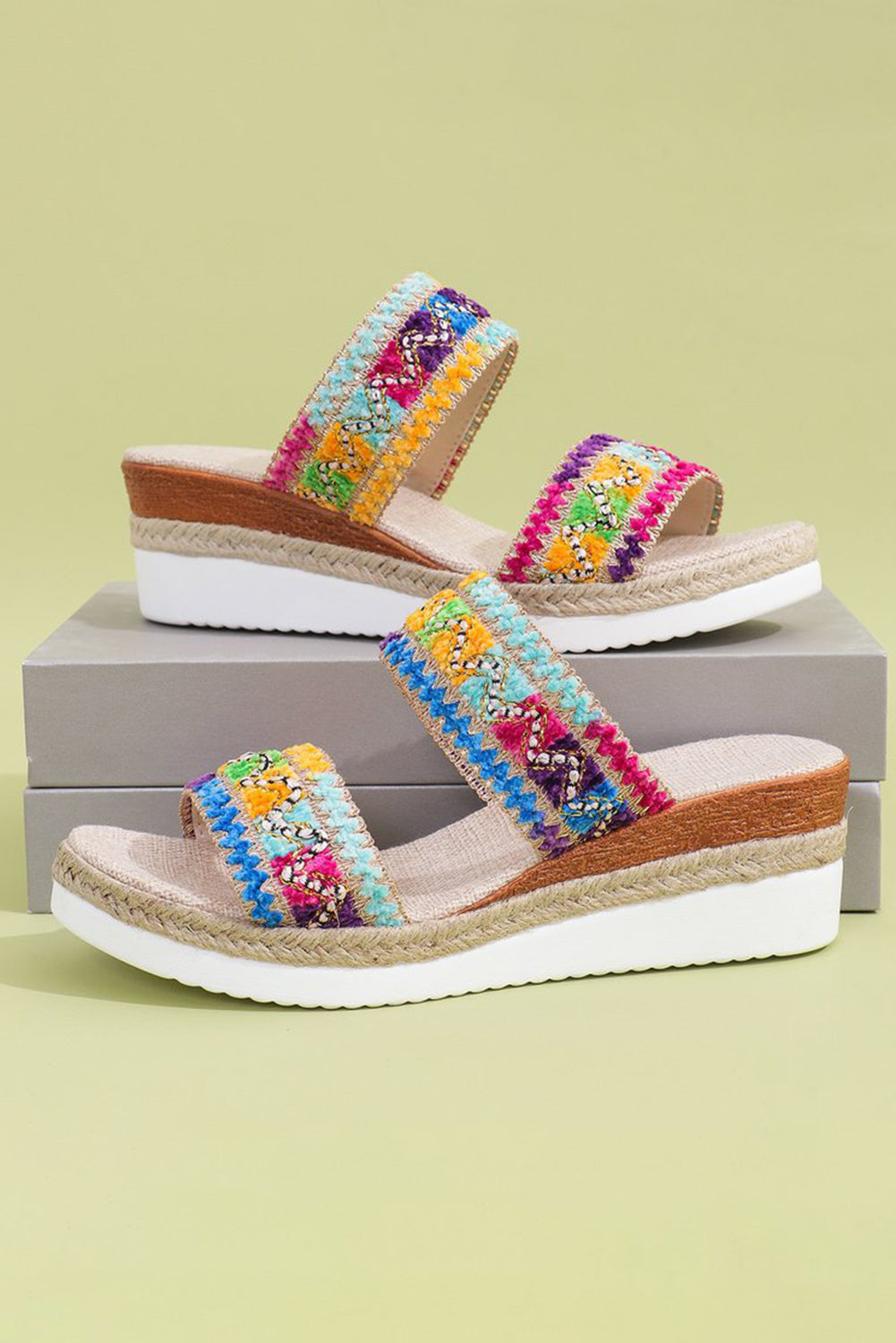 Wholesale Multicolour Sequin Woven Wide Strap Wedge Slides Shoes