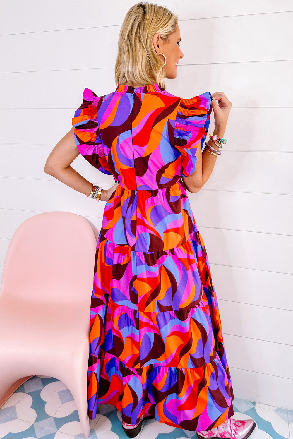 Multicolor Plus Abstract Mock Neck Tiered Maxi Dress