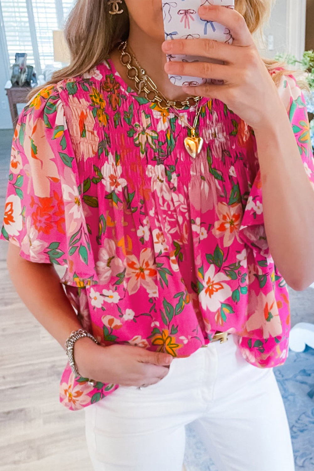 Pink Floral Rose Smocked Blouse | Women's Blouse with Flounce Sleeves