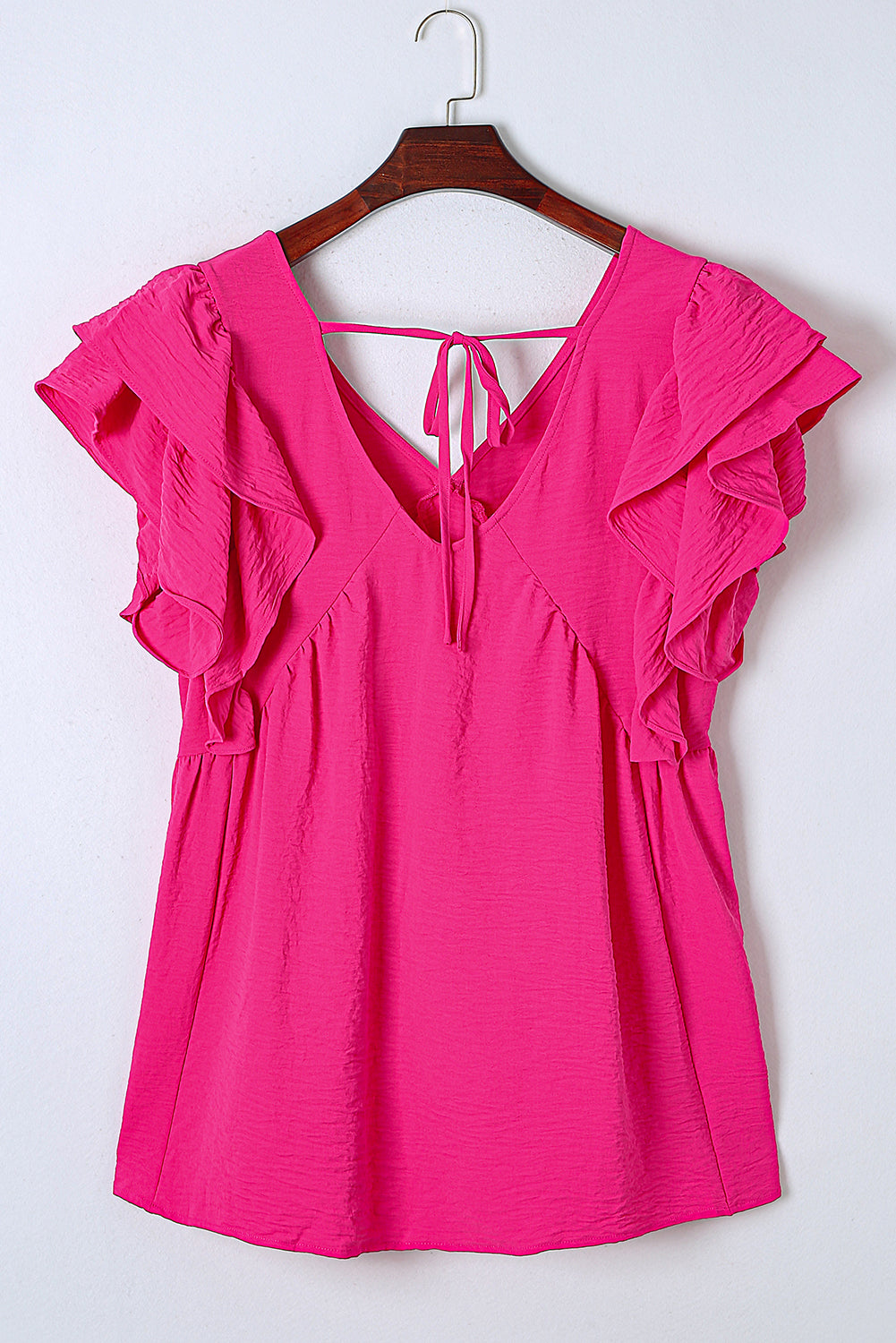 Pink Crinkle V Neck Tie Back Ruffle Plus Size Top