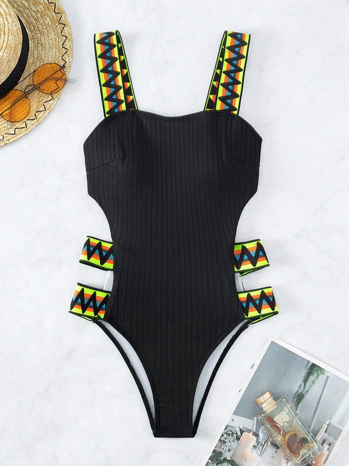 Ethnic Cutout Wide Strap One-Piece Swimwear