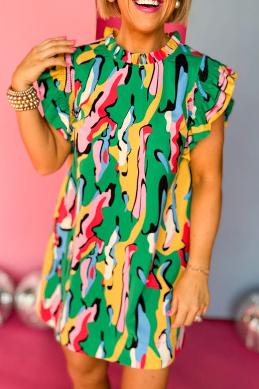 Abstract Mini Dress, Green and Pink Short Dress with Sleeves