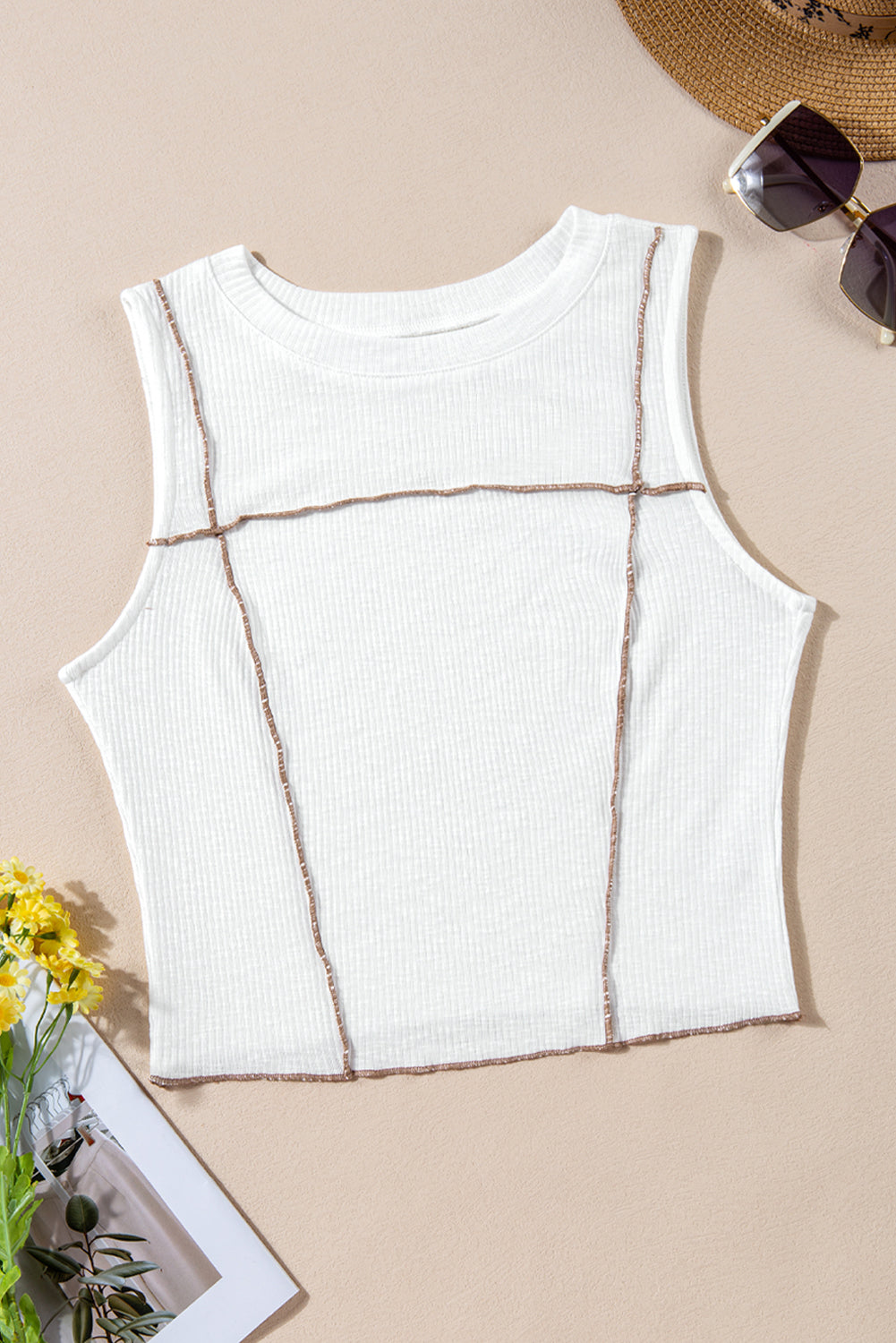 White Exposed Seam Ribbed Cropped Tank Top