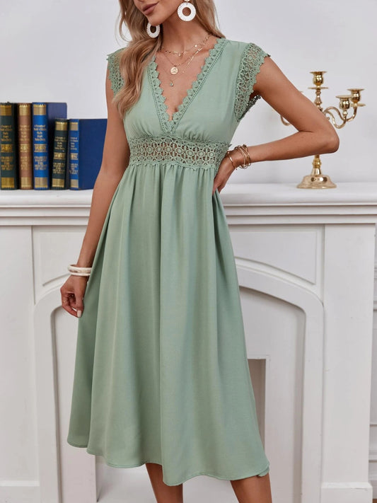 Light Green Capped Sleeve Dress, Lace Detail Dress, V Neck Dress with Lace Trim