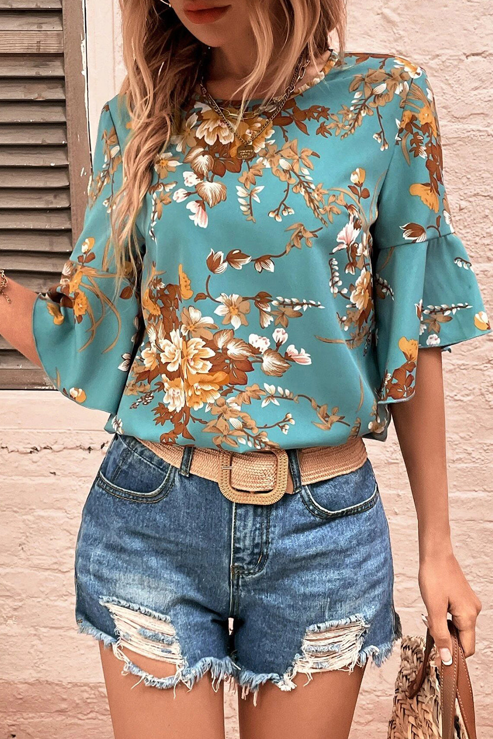 Mineral Blue Floral Blouse with Flounce Sleeves