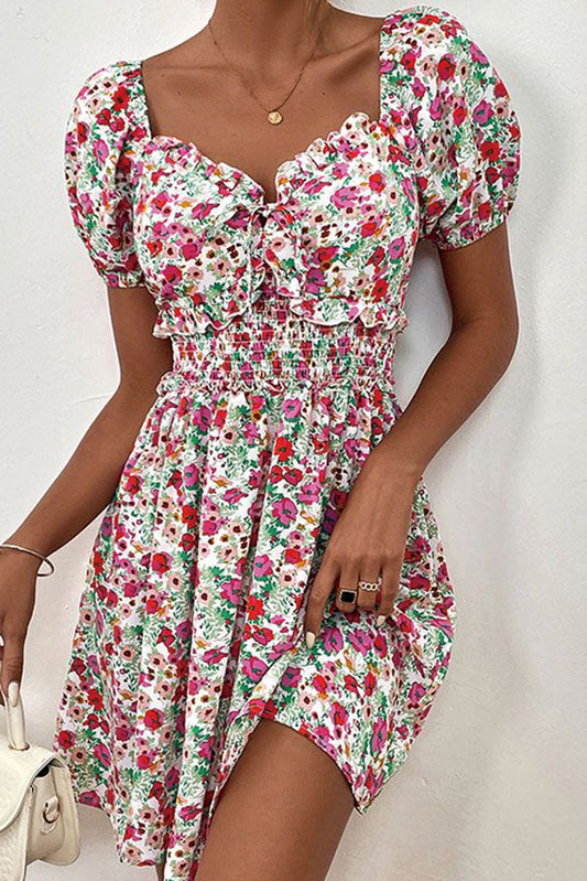 Vintage Rose Mini Dress with Short Sleeves