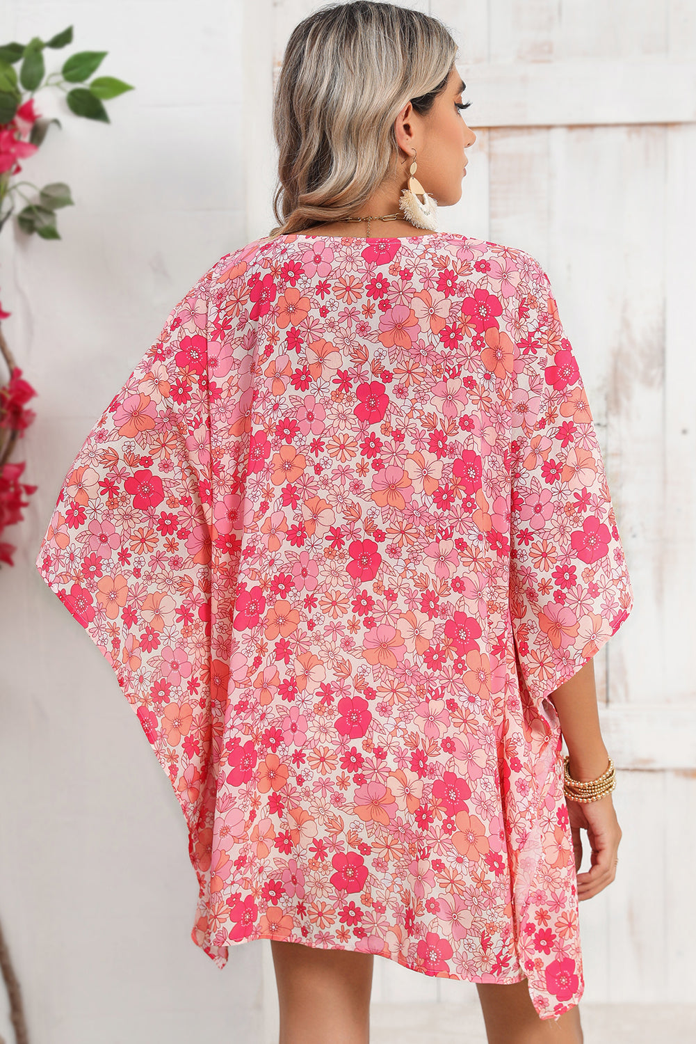 Cherry Blossom Floral Blouse | Pink Boho V-Neck Oversized Women's Shirt