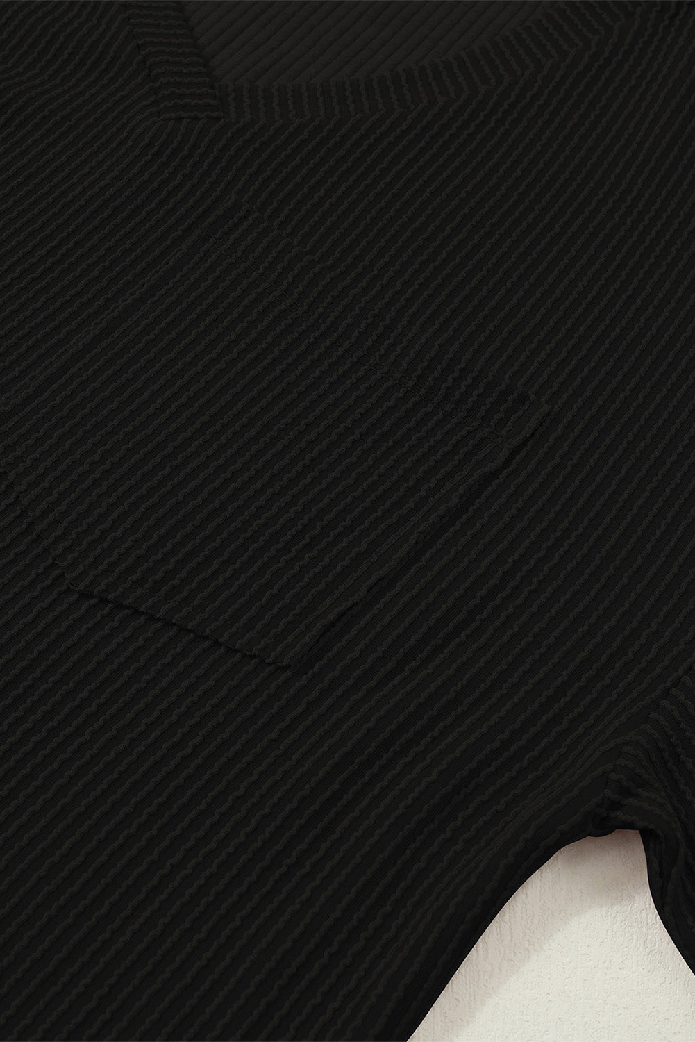 Black Ribbed V Neck Pocket Drop Sleeve T-Shirt-ECB