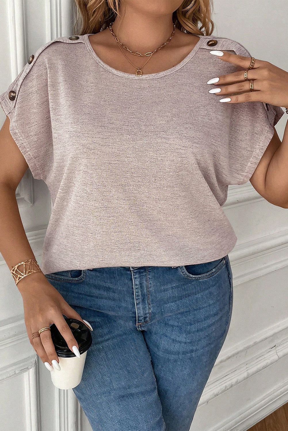 Delicacy Plus Size Button Detail Batwing Sleeve Tee-ECB