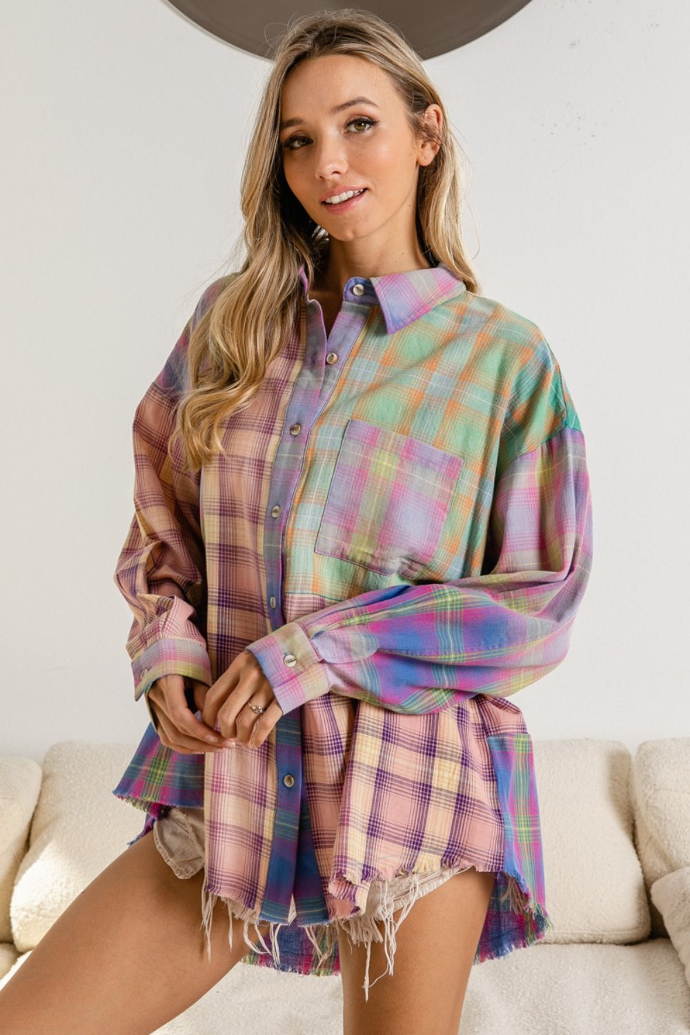 BiBi Plaid Color Block Button Up Shirt | Plaid Shirt with Long Sleeves Women