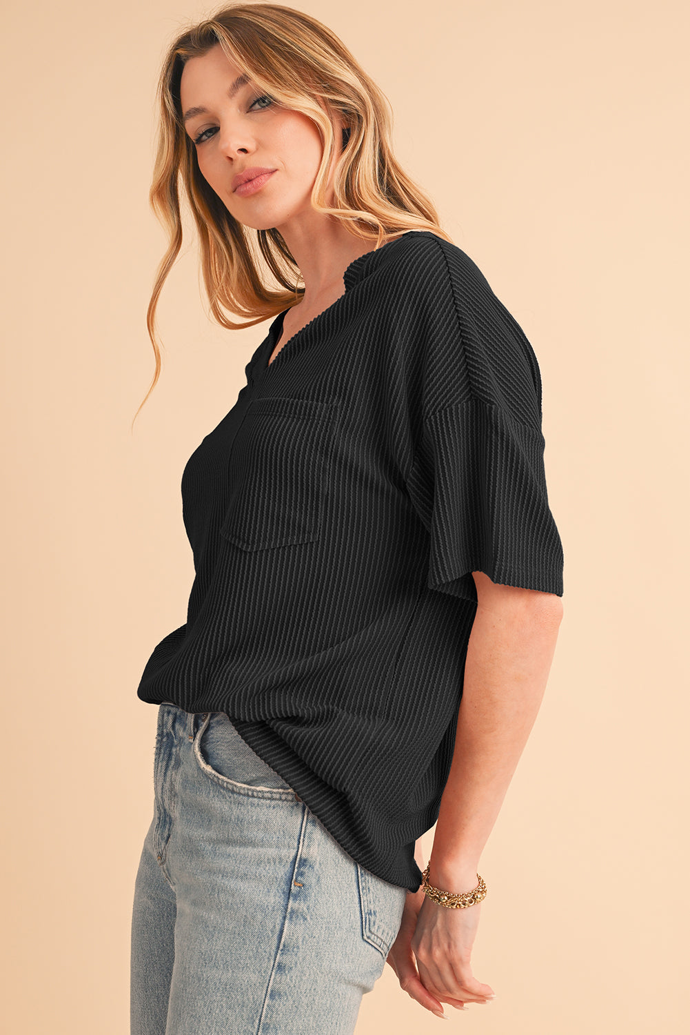 Black Ribbed V Neck Pocket Drop Sleeve T-Shirt-ECB