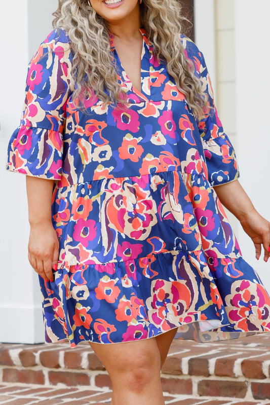 Plus Size Floral Blue Mini Dress with Sleeves