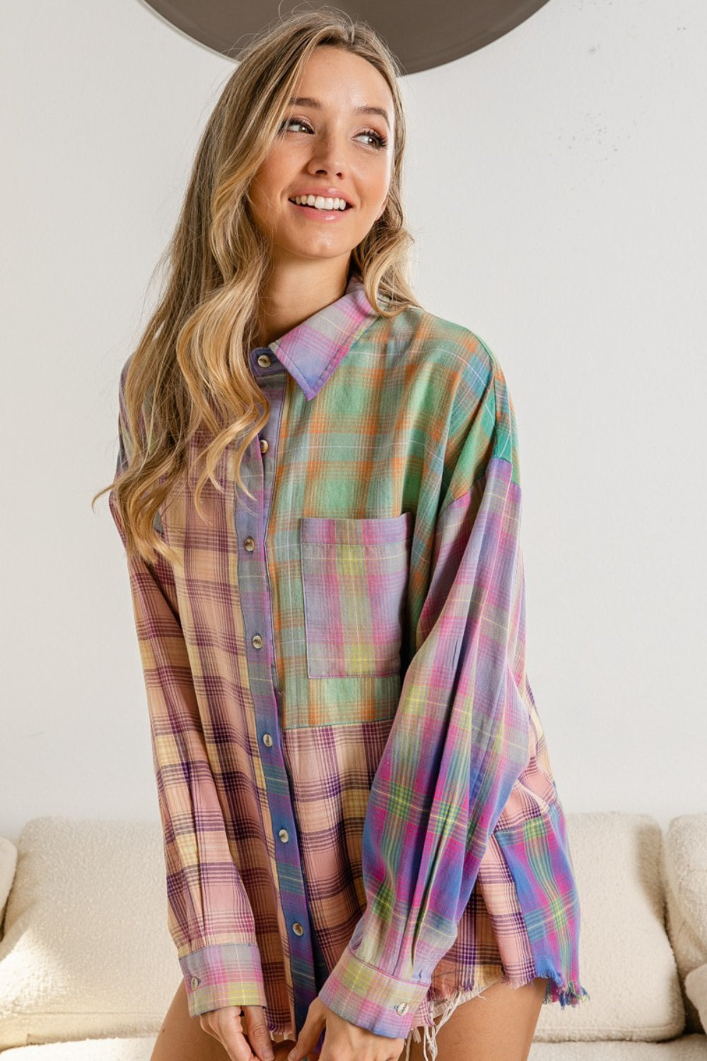 BiBi Plaid Color Block Button Up Shirt | Plaid Shirt with Long Sleeves Women