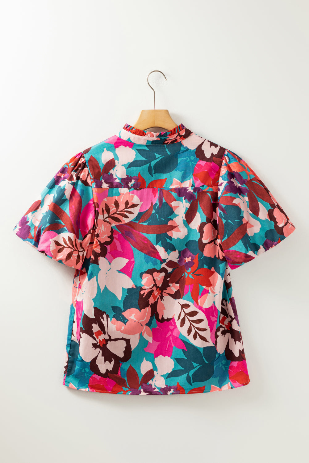 Rose Red Floral Print V Neck Blouse with Sleeves