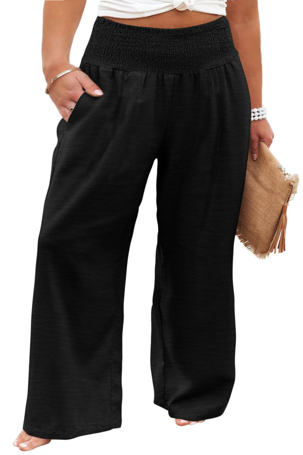 Black Shirred High Waist Plus Size Wide Leg Pants-ECB