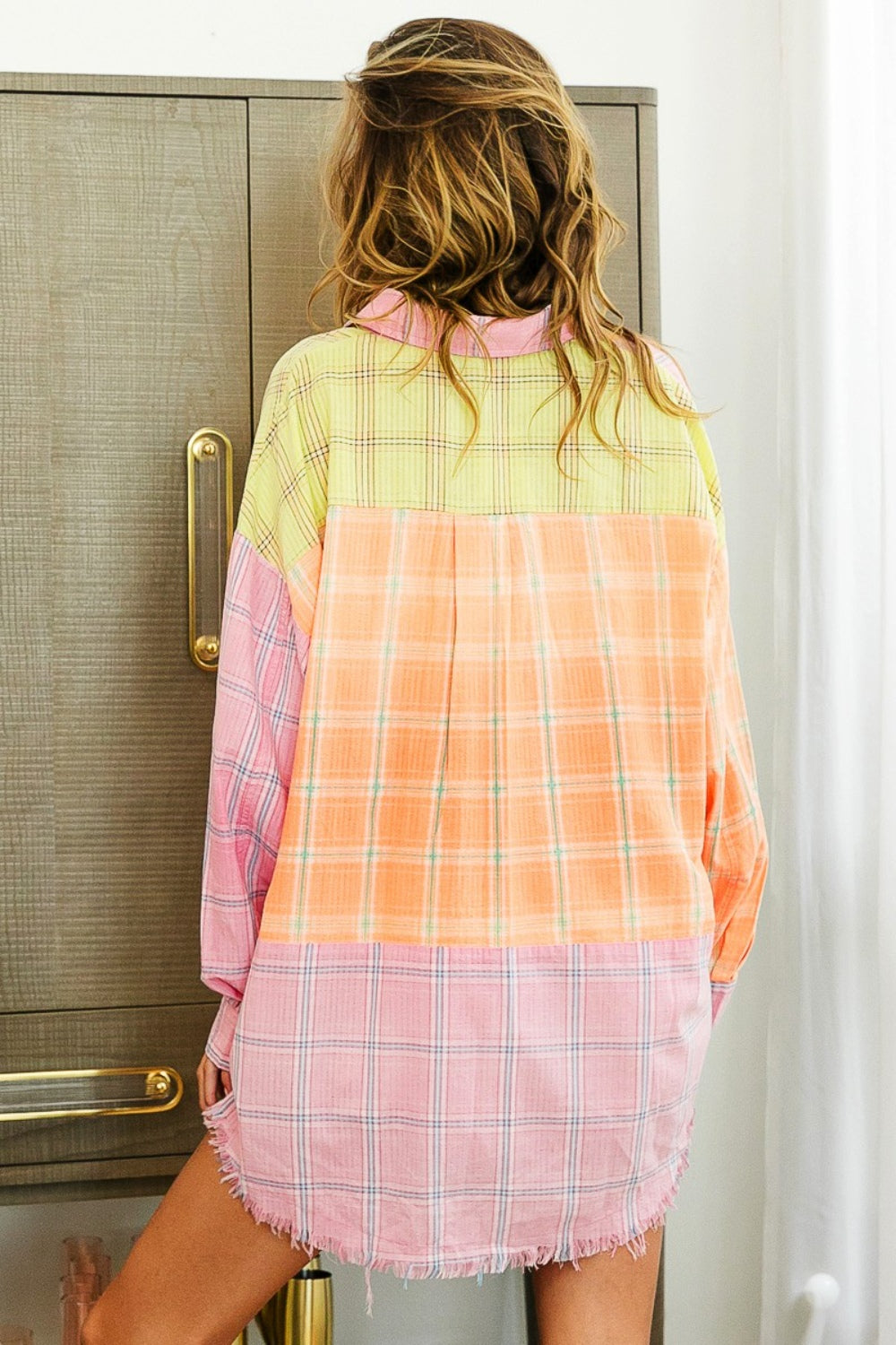 BiBi Plaid Color Block Raw Hem Shirt | Plaid Shirt Women