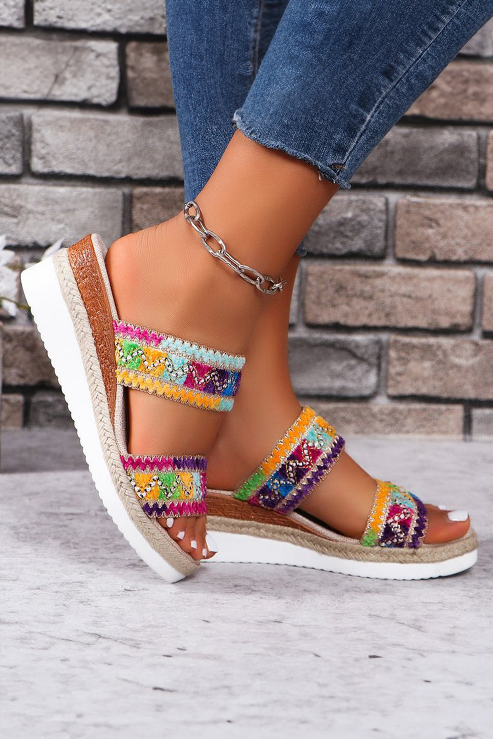 Wholesale Multicolour Sequin Woven Wide Strap Wedge Slides Shoes