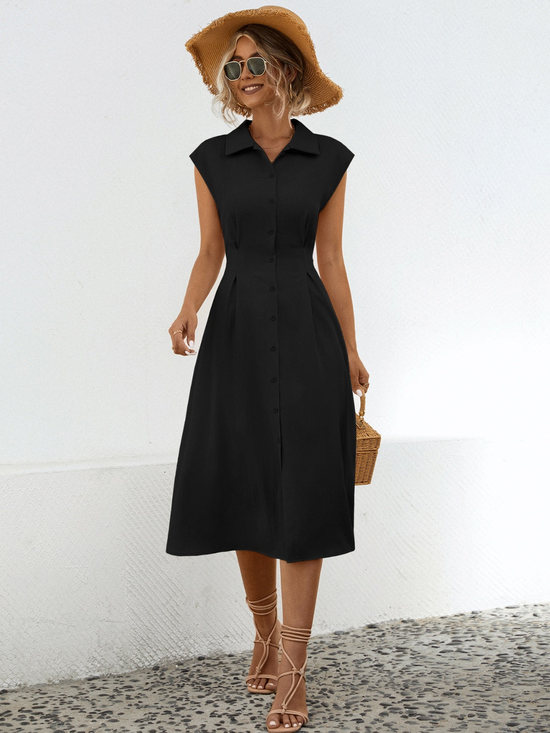 Button Up Collared Midi Dress | Vintage Collared Dress with Tied Waist
